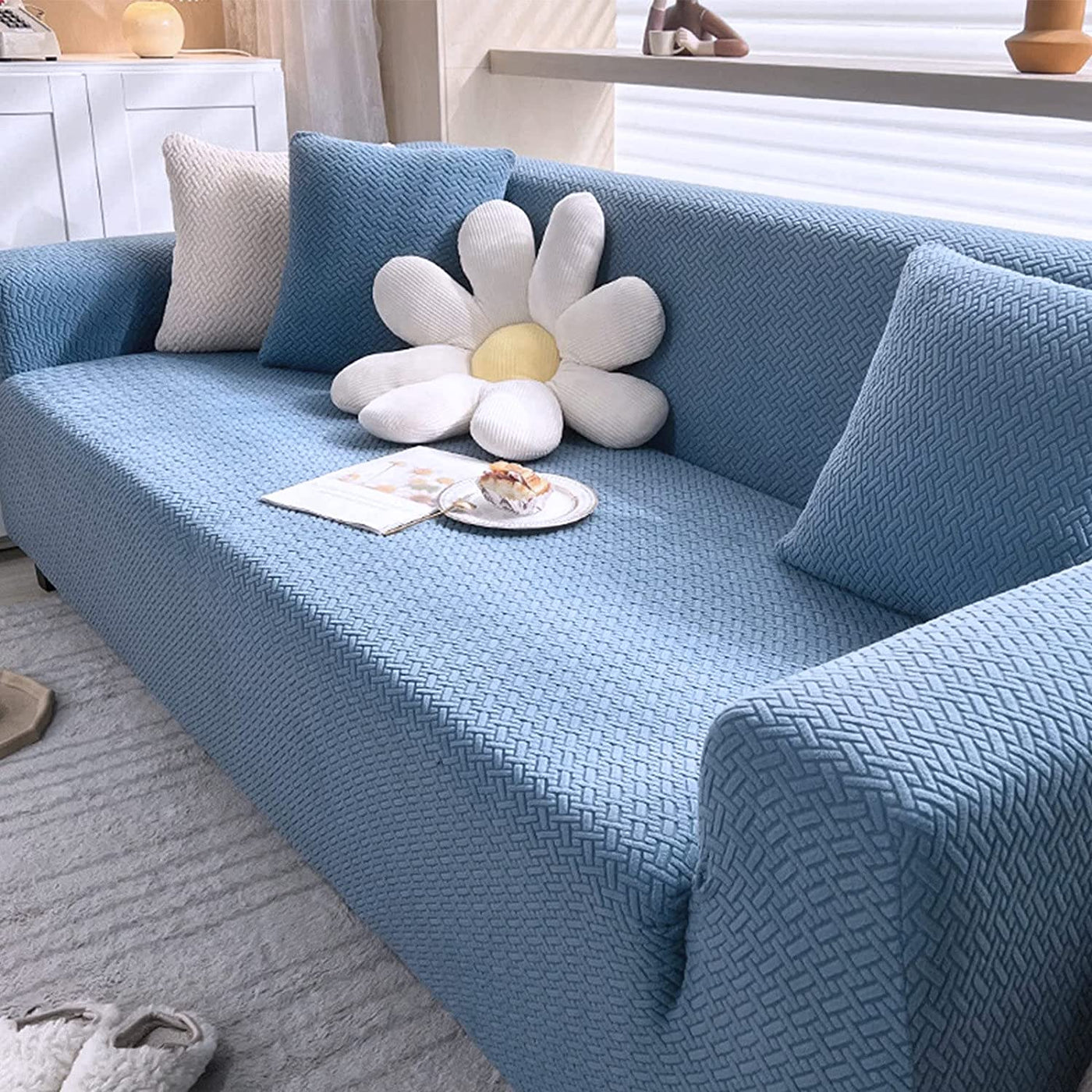 Jacquard Strips Sofa Cover -Sky blue